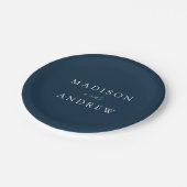 Moderne, elegante Script-Navy-Hochzeit Pappteller (Schrägansicht)