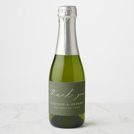 Moderne elegante Script Olive Green Vielen Dank Schaumweinetikett (Vorderseite)