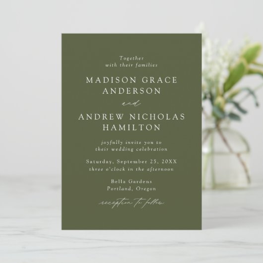 Moderne, elegante Script Olive Green Wedding Einladung (Stehend Vorderseite)