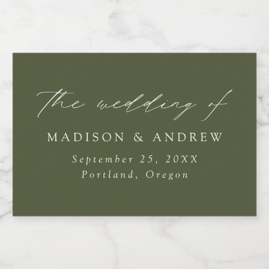 Moderne, elegante Script Olive Green Wedding Schaumweinetikett (Einzelnes Label)