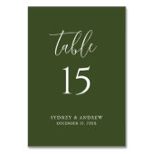 Moderne, elegante Script Olive Green Wedding Tischnummer (Vorderseite)