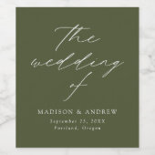 Moderne, elegante Script Olive Green Wedding Weinetikett (Einzelnes Label)