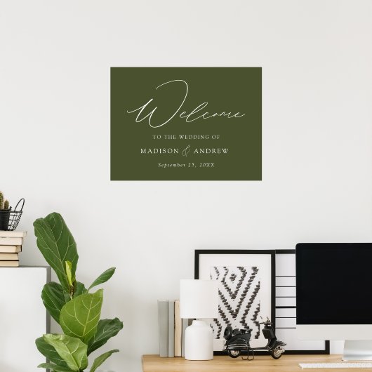 Moderne elegante Script Olive Green Wedding Willko Poster (Heimbüro)