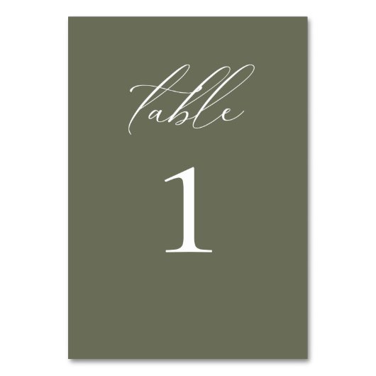 Moderne, elegante Script Olive Wedding Tischnummer (Rückseite)