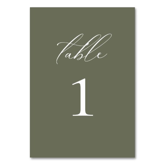 Moderne, elegante Script Olive Wedding Tischnummer (Vorderseite)