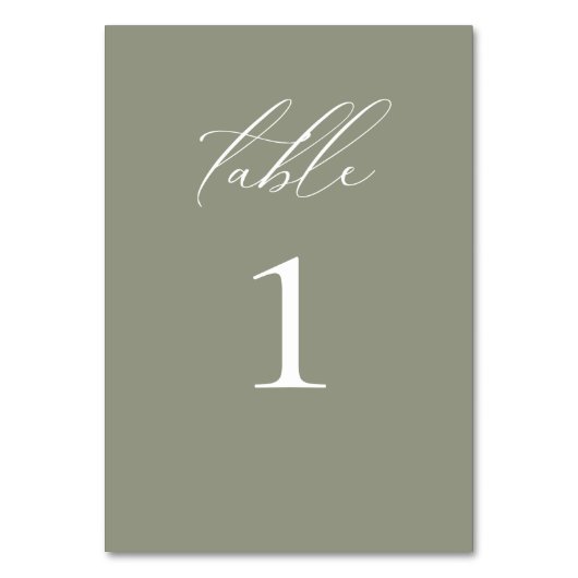 Moderne, elegante Script Olive Wedding Tischnummer (Rückseite)