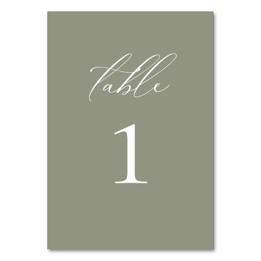 Moderne, elegante Script Olive Wedding Tischnummer (Vorderseite)