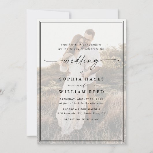 Moderne, elegante Script QR Code Foto Hochzeit Einladung (Vorderseite)