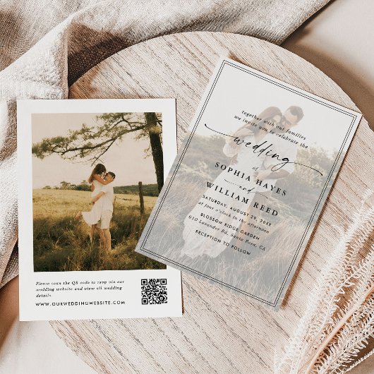 Moderne, elegante Script QR Code Foto Hochzeit Einladung