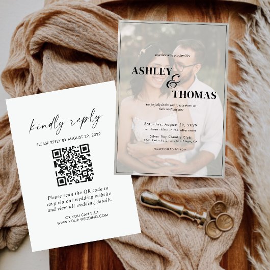 Moderne elegante Script QR Code Foto UAWG Hochzeit Einladung