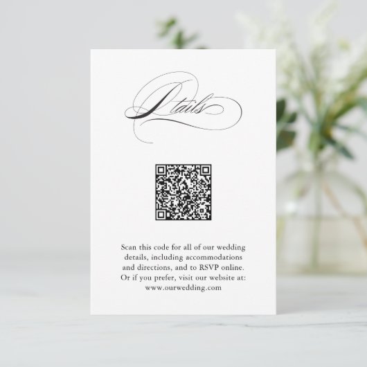 Moderne elegante Script QR Code Hochzeitdetails Begleitkarte (Stehend Vorderseite)