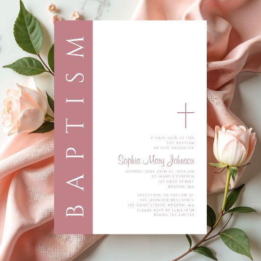 Moderne elegante Script-Rosa Girls Taufe Einladung