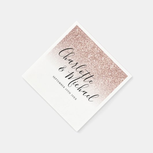 Moderne, elegante Script-Rose Gold Glitzer Wedding Serviette (Ecke)