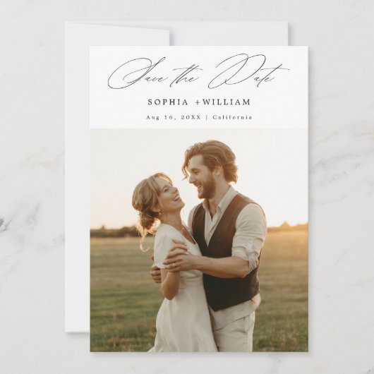 Moderne, elegante Script Rustic Sunset Foto Weddin Save The Date (Vorderseite)
