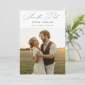 Moderne, elegante Script Rustic Sunset Foto Weddin Save The Date (Stehend Vorderseite)