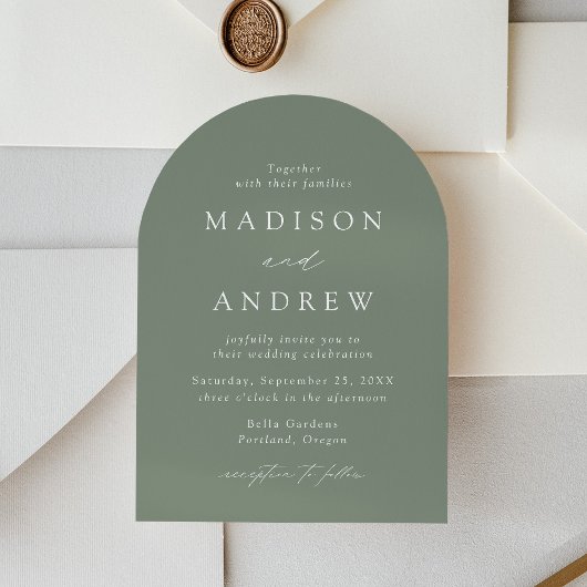 Moderne, elegante Script Sage Green Arch Wedding Einladung