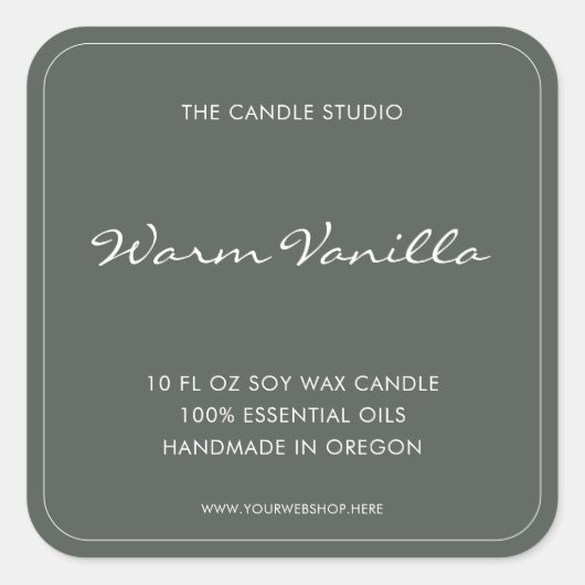 Moderne elegante Script-Sage Green Packaging Candl Quadratischer Aufkleber (Vorderseite)