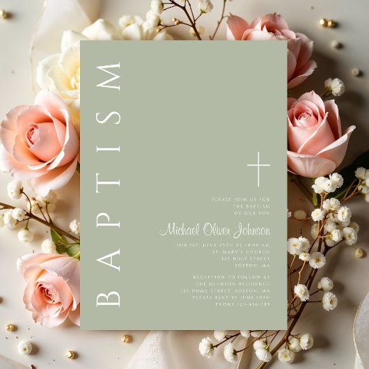 Moderne elegante Script Sage Green Taufe Einladung