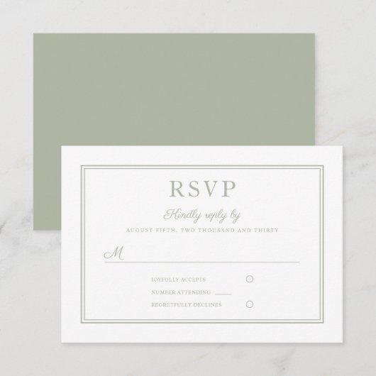 Moderne elegante Script Sage Green Wedding RSVP Ca Karte (Vorne/Hinten)