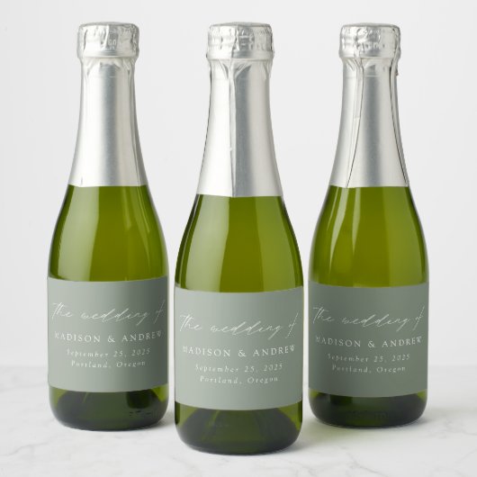Moderne, elegante Script Sage Green Wedding Schaumweinetikett (Flaschen)