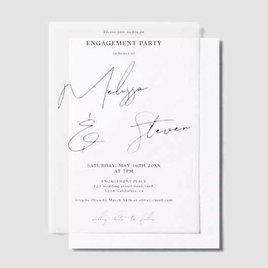 Moderne, elegante Script-Schwarz-weiße Verlobung Pergament Einladungen (Versetzt)