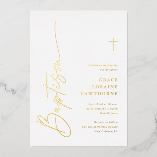 Moderne elegante Script-Taufe Gold Folieneinladung (Vorderseite)