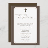 Moderne elegante Script Taupe Taufe Einladung (Vorne/Hinten)