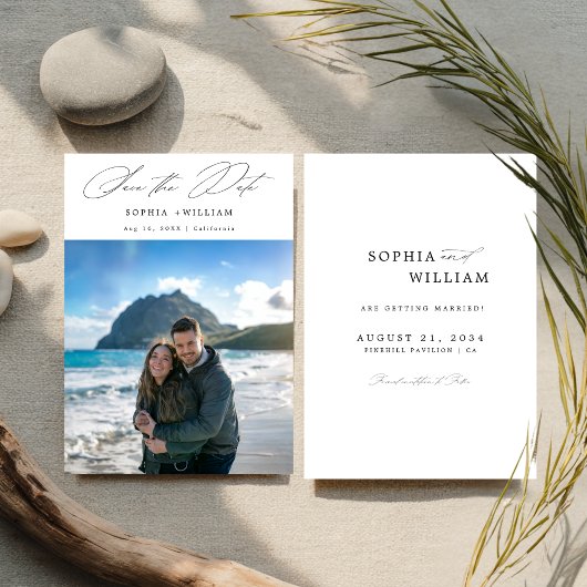 Moderne, elegante Script Tropical Beach Foto Hochz Save The Date