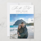 Moderne, elegante Script Tropical Beach Foto Hochz Save The Date (Vorderseite)