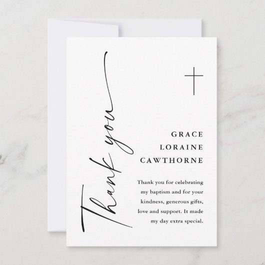 Moderne, elegante Script White Taufe Dankeskarte (Vorderseite)