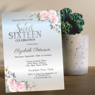 Moderne elegante silberne Bokeh-Blumen-Sweet 16 Einladung