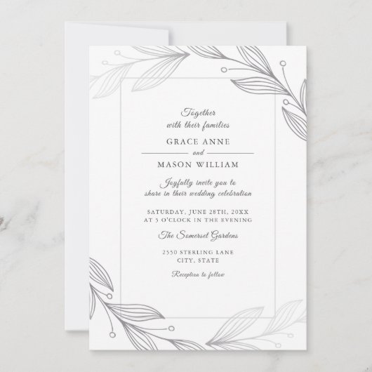 Moderne elegante Silver Botanical Blätter Wedding Einladung (Vorderseite)