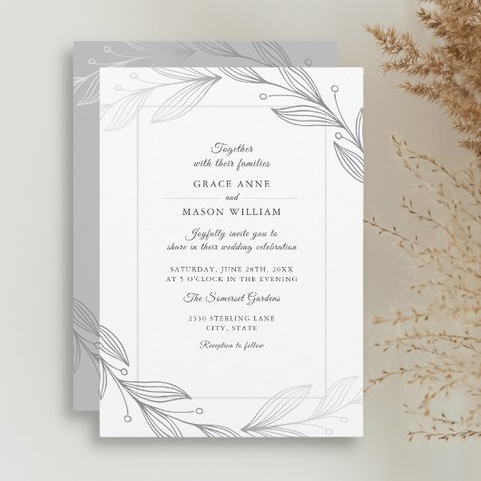 Moderne elegante Silver Botanical Blätter Wedding Einladung