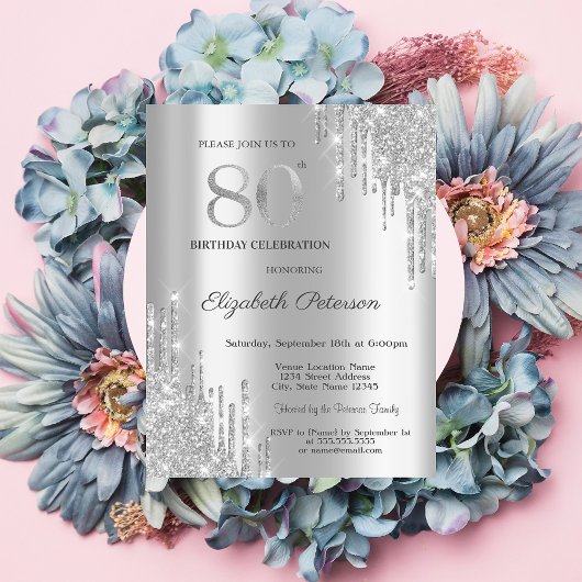 Moderne elegante Silver Glitzer Tropfen 80. Geburt Einladung