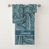 Moderne Elegante Silver Gray Türkis Blue Swirl Badhandtuch Set (Insitu)