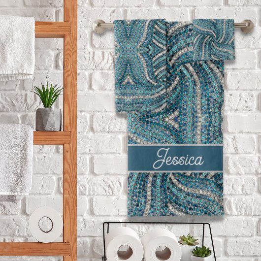 Moderne Elegante Silver Gray Türkis Blue Swirl Badhandtuch Set