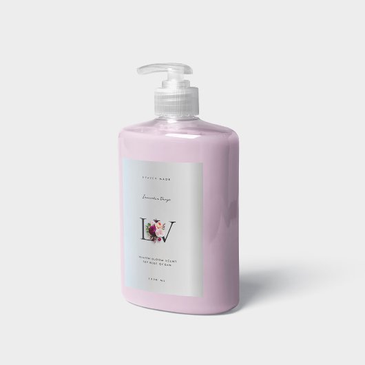 Moderne elegante Silver Monogram Floral Rose Beaut Lebensmitteletikett