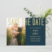 Moderne Elegante Simple Deep Blue Foto Wedding Save The Date (Stehend Vorderseite)