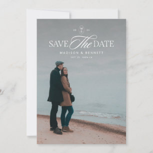 Moderne elegante Skript-Doppelseitige Foto Weiß Save The Date