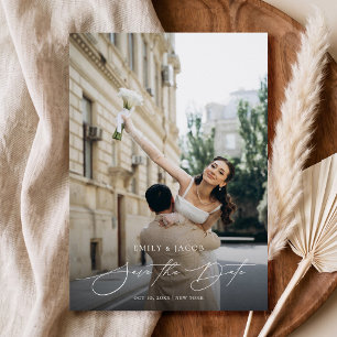 Moderne elegante Skript-Foto-Hochzeitsspeicherkart Save The Date