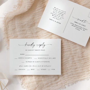 Moderne elegante Skript Hochzeit RSVP Postkarte