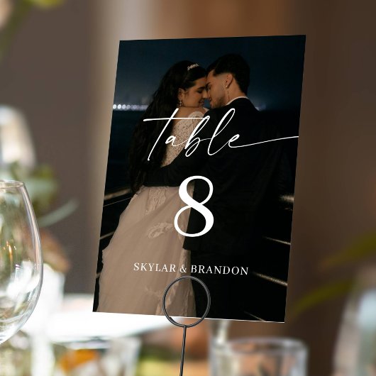 Moderne elegante Skript-Moderne Foto-Hochzeit Tischnummer