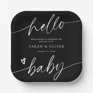 Moderne elegante Skript-Schwarz-Weiß-Baby-Party Pappteller