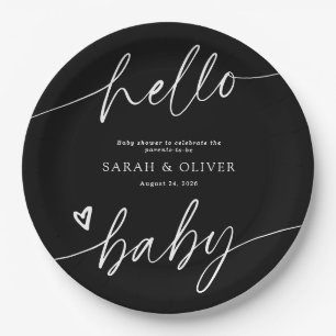 Moderne elegante Skript-Schwarz-Weiß-Baby-Party Pappteller