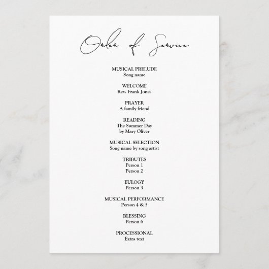 Moderne, elegante Skriptbeerdigung Programm (Rückseite)