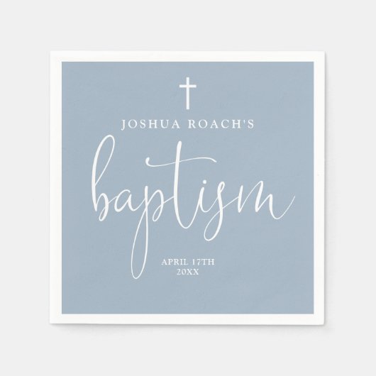 Moderne, elegante Skripte Dusty Blue Taufe Serviette (Vorderseite)