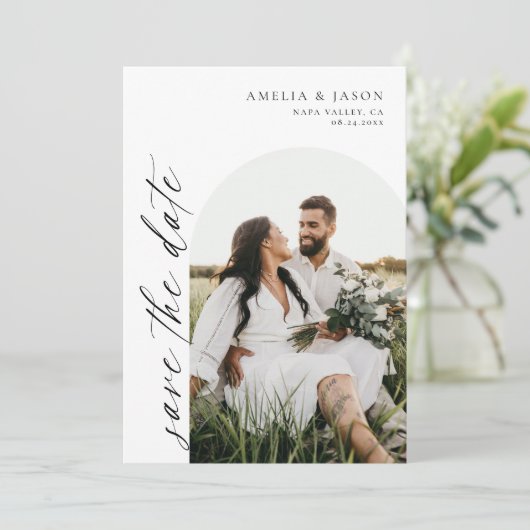 Moderne, elegante Skripte Save the Date Einladung (Stehend Vorderseite)
