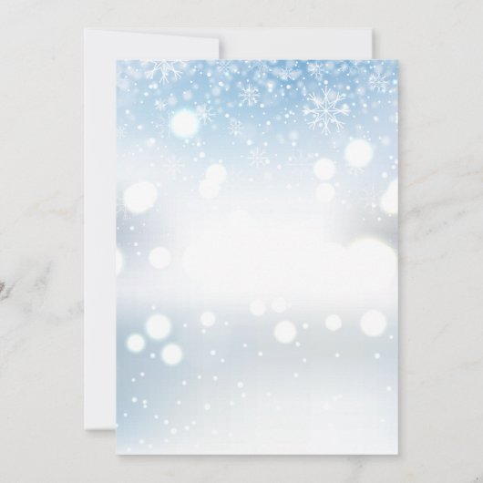 Moderne, elegante Skriptschneeflocken Winterhochze Einladung (Rückseite)