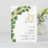 Moderne Elegante Smaragdgrün und Gold Eukalyptus Save The Date (Stehend Vorderseite)