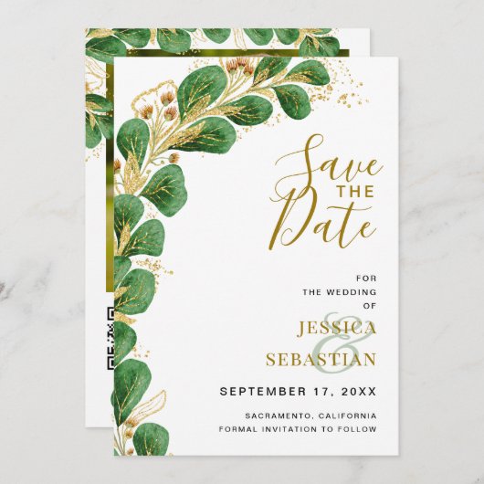Moderne Elegante Smaragdgrün und Gold Eukalyptus Save The Date (Vorne/Hinten)
